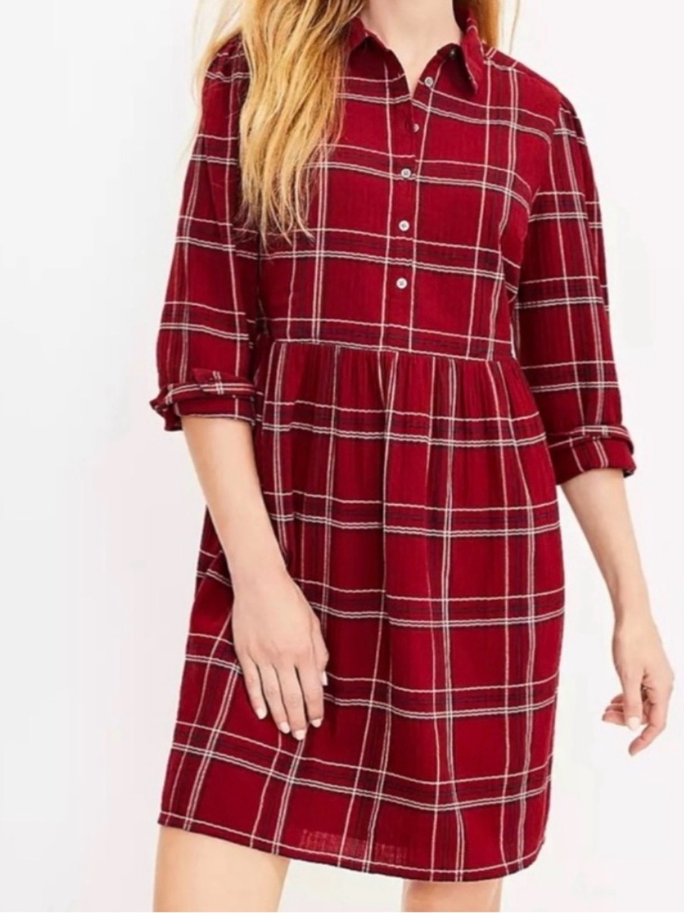 Loft Red Plaid Cotton Swing Shirt Dress Long Sleeve Size Large